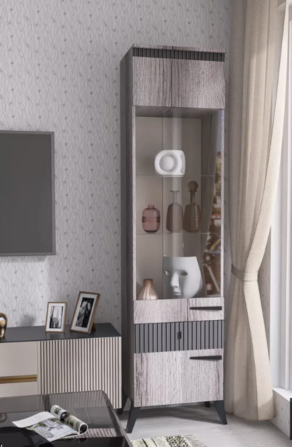 Шкаф-витрина с ножками Ольга-3 Дуб делано серый/сильвер Пэлас