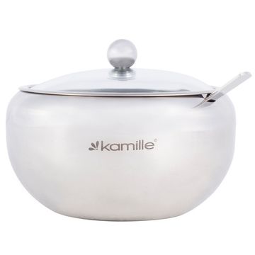 Сахарница 560 мл. из нержавеющей стали Kamille KM-7003 с ложечкой и стеклянной крышкой