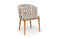 "Диего" стул плетеный из роупа, основание дуб каркас из стали белый муар, роуп бежевый круглый, ткань бежевая 052