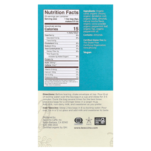 Teeccino, Жареный травяной чай, одуванчик, мокко и мята, без кофеина, 25 чайных пакетиков, 150 г (5,3 унции)
