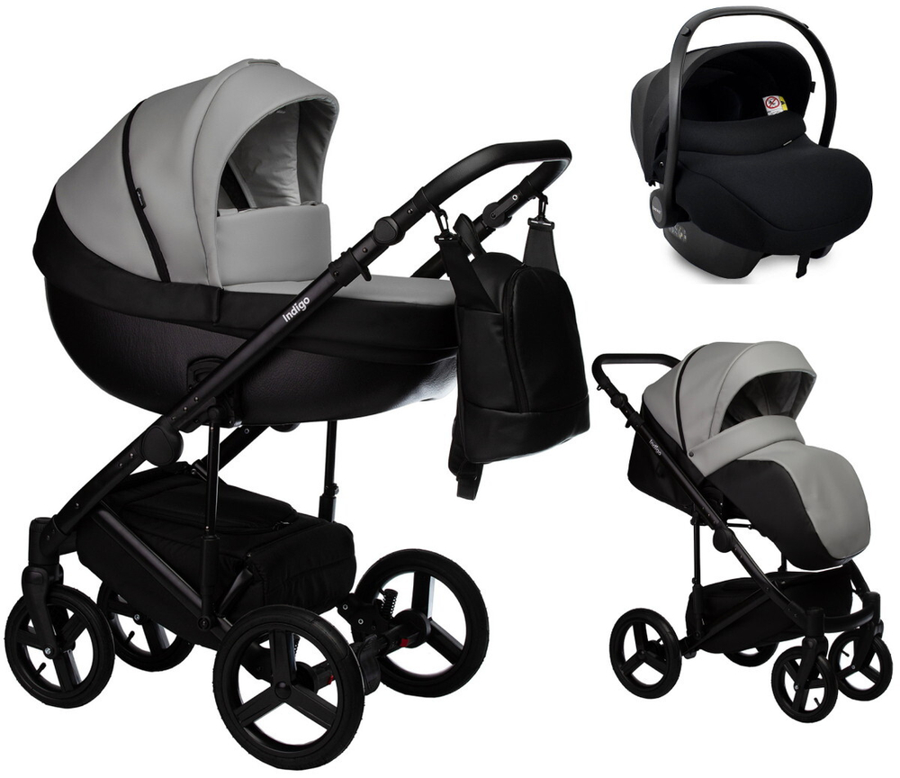 Детская коляска Indigo Tour Eco 3 в 1 с автокреслом Avionaut Cosmo Te02 черная кожа+серая кожа