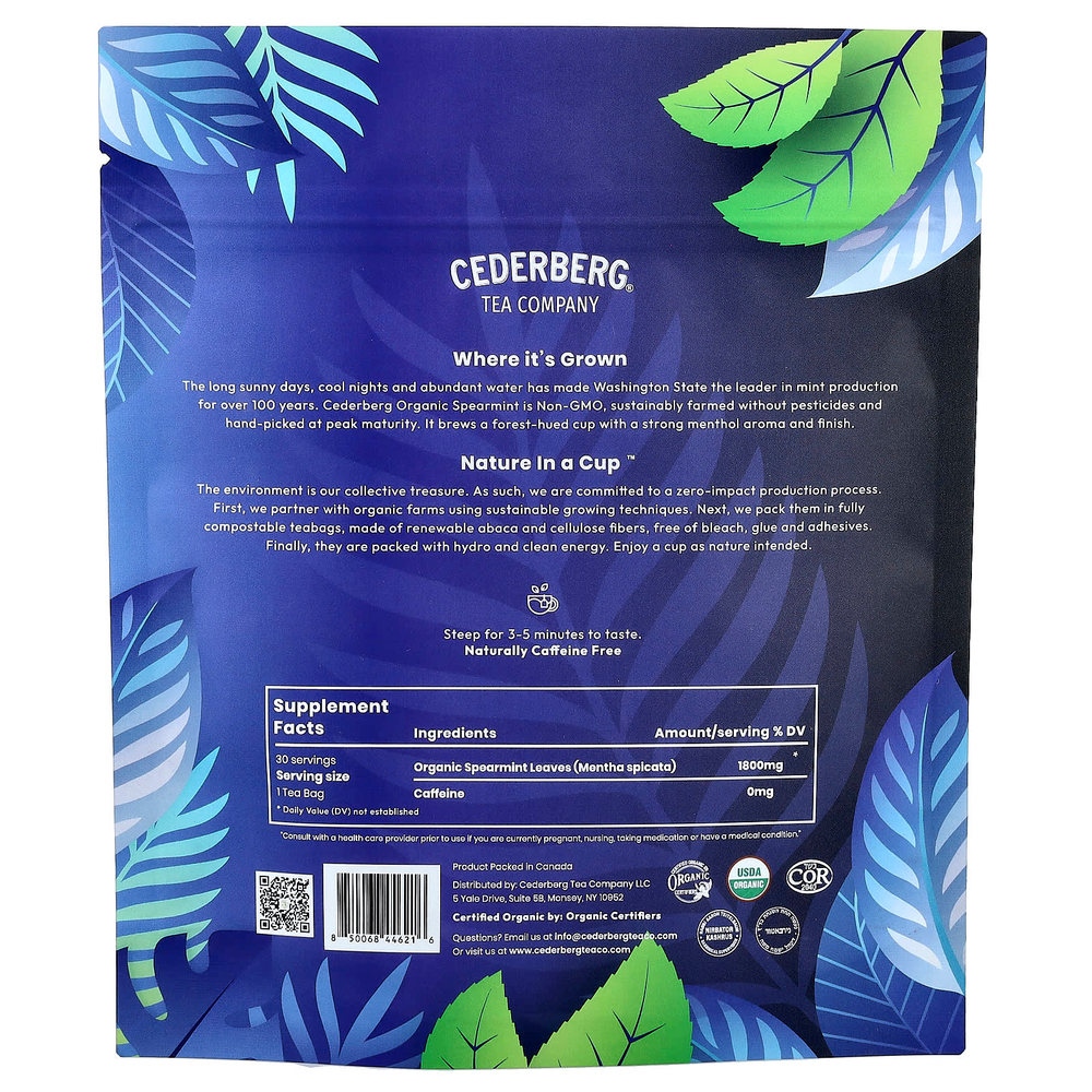 Cederberg Tea Co, Одноместный чай, органическая кудрявая мята, без кофеина, 30 натуральных чайных пакетиков, 42 г (1,48 унции)