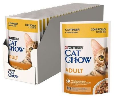 Влажный корм Cat Chow® для взрослых кошек с курицей и кабачками в желе, Пауч 85 г