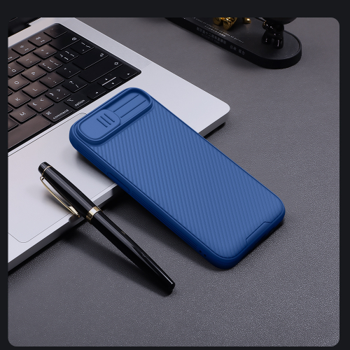 Чехол усиленный синего цвета с защитной шторкой для камеры от Nillkin на iPhone 16e, серия CamShield Pro Case