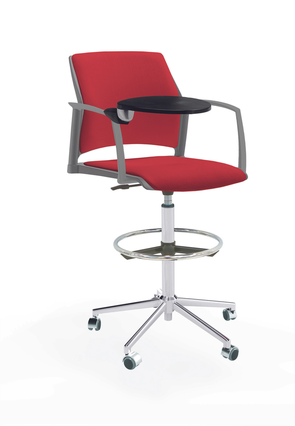 Кресло Rewind каркас хром, пластик серый, база стальная хромированная, с закрытыми подлокотниками и пюпитром, сиденье и спинка красные