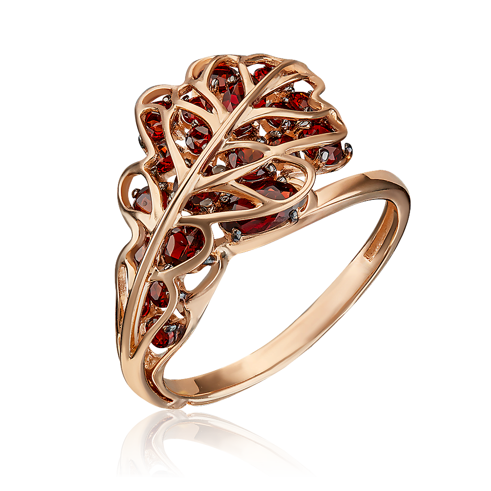 Кольцо «Дубовый лист» из красного золота с гранатами