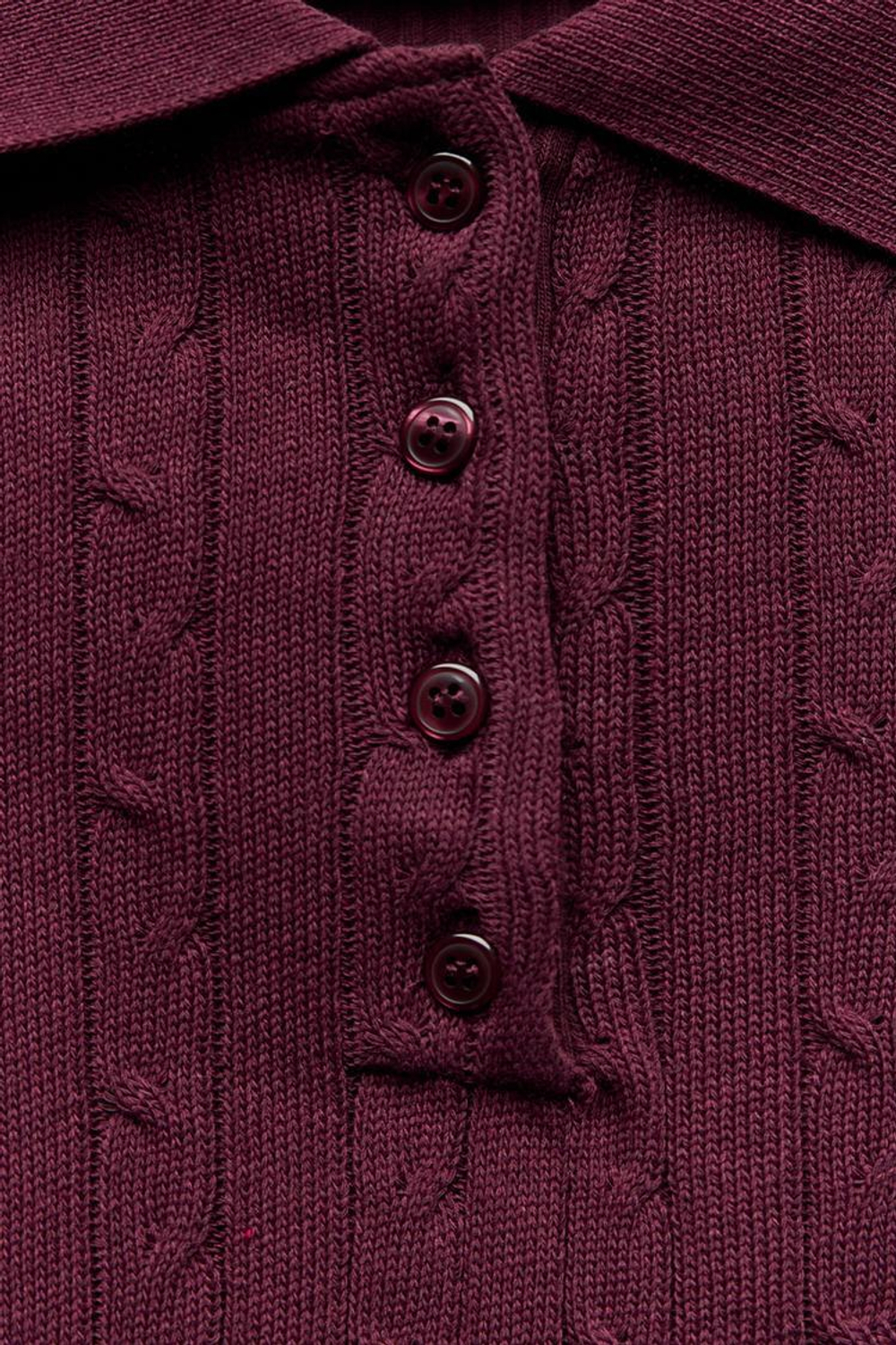 ZARA ТОП ПОЛО С УЗОРОМ «КОСЫ», ТЕМНО-БОРДОВЫЙ