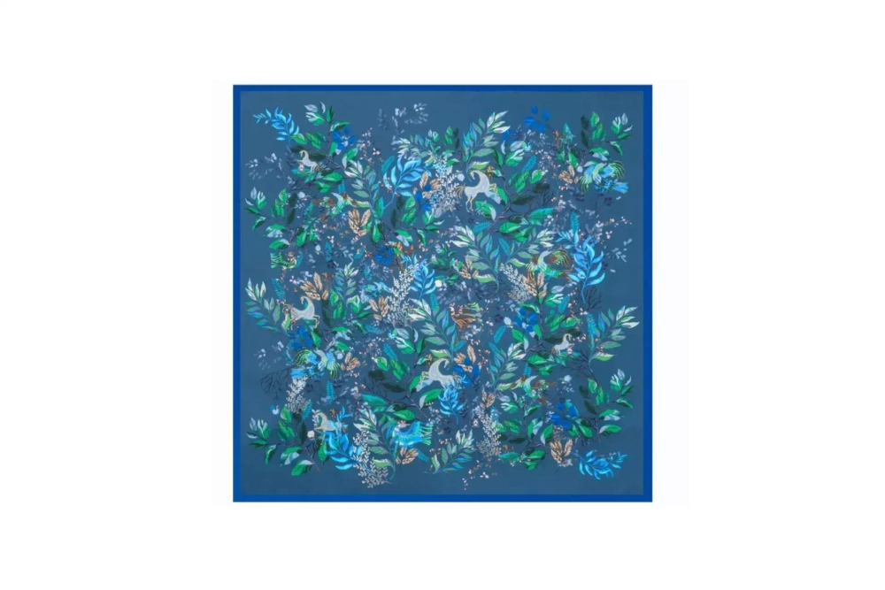 Шелковый платок 90x90 Mollen Таинственный лес темно-бирюзовый