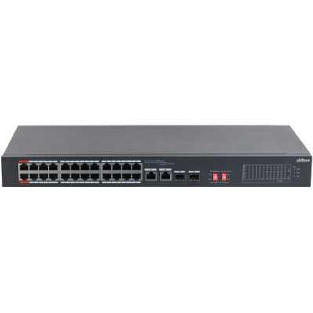 DH-S3226-24ET-240 24-портовый неуправляемый коммутатор с РоЕ, 24 RJ45 10/100Мбит/с (PoE/PoE+/Hi-PoE), 2 комбинированных SFP/RJ45 10/100/1000Мбит/с (uplink)