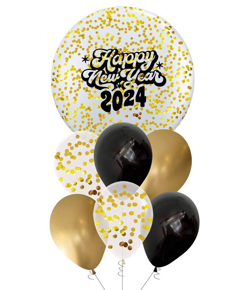 Золотые и черные шарики с гелием на Новый годь 2024
