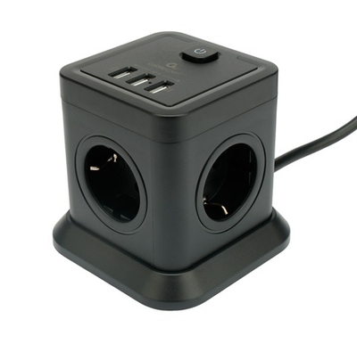 Сетевой фильтр Cablexpert Tower TWR-4-U3-B-2, 4р, 10А, 3xUSB, 3.1А, 2м, ур.защ. 2+, коробка черный