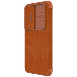 Кожаный чехол книжка коричневого цвета от Nillkin для Samsung Galaxy S23, серия Qin Pro Leather с защитной шторкой для камеры