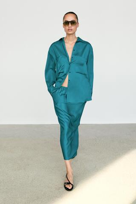 Massimo Dutti Струящаяся рубашка с глянцевым блеском и карманами, зеленовато-синий