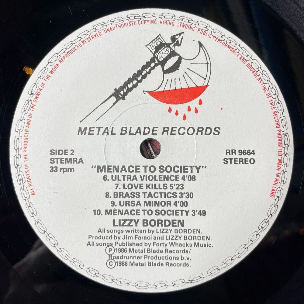 Винтажная виниловая пластинка LP Lizzy Borden Menace To Society (Holland 1986)