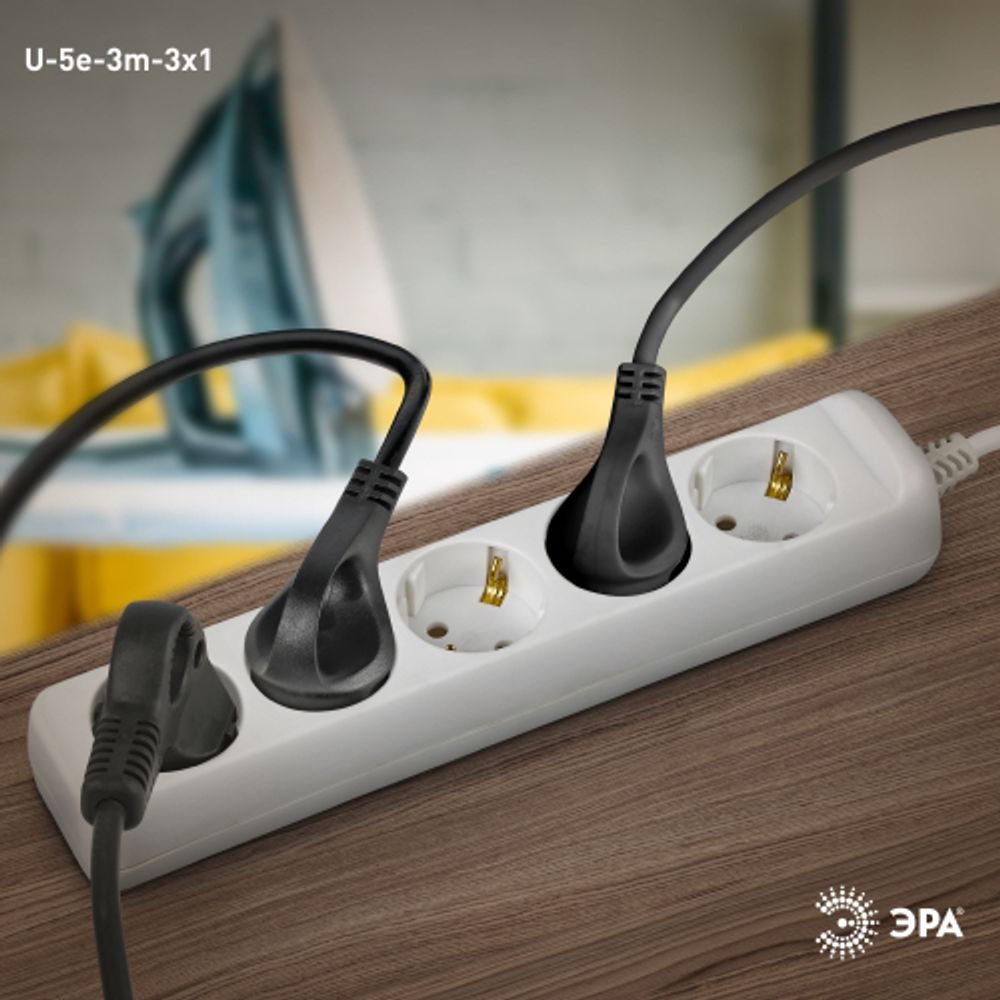 Удлинитель электрический ЭРА U-5e-3m-3x1 с заземлением 5 розеток 3м ПВС 3x1мм2 16А | Бытовые удлинители