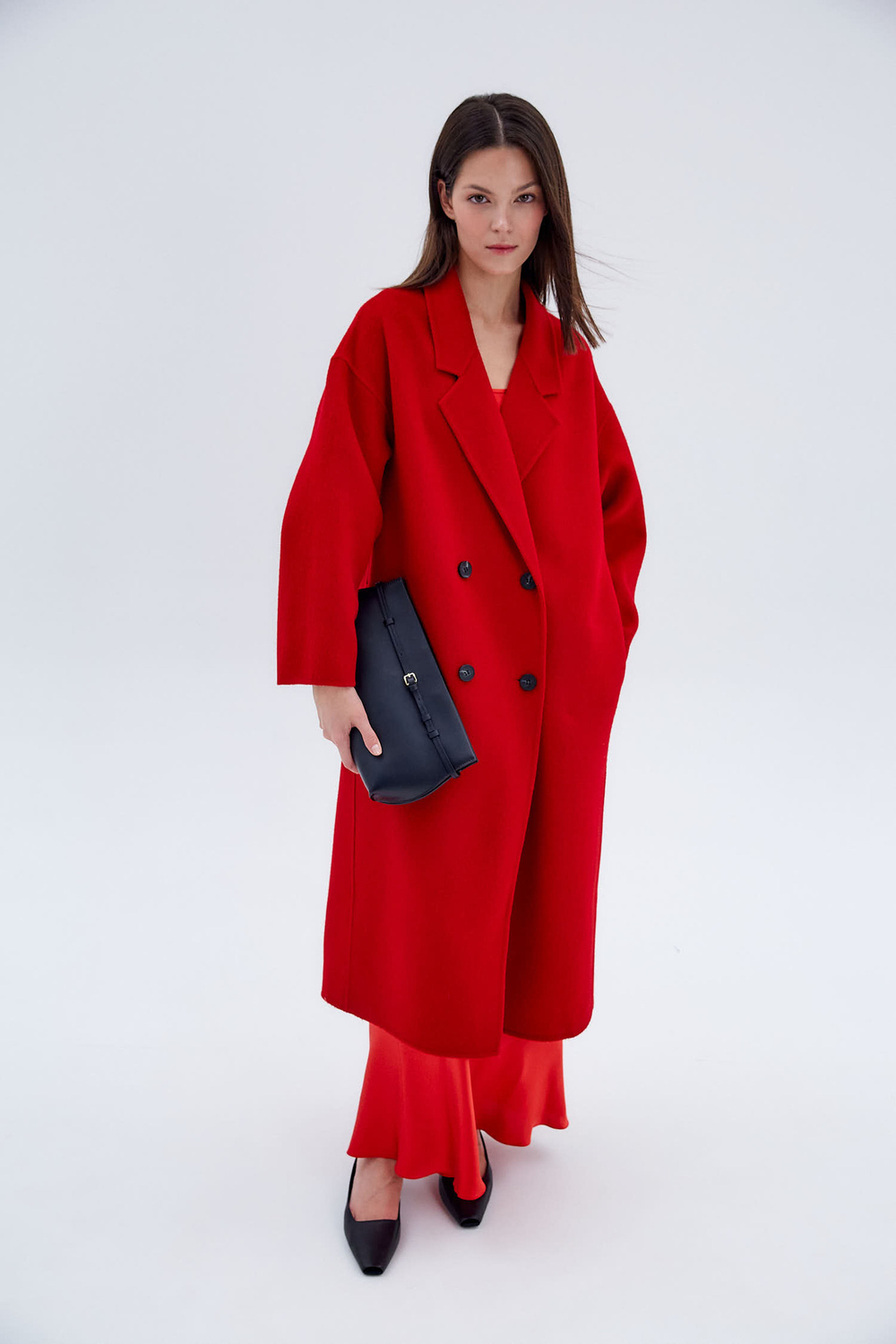 Пальто двубортное из смесовой шерсти альпаки красный