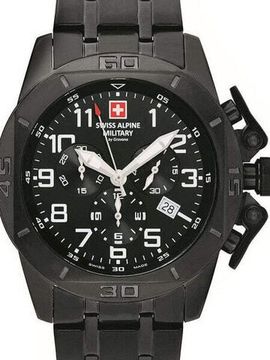 С браслетом Мужские наручные часы с черным браслетом Swiss Alpine Military 7063.9177 chronograph 45mm 10ATM
