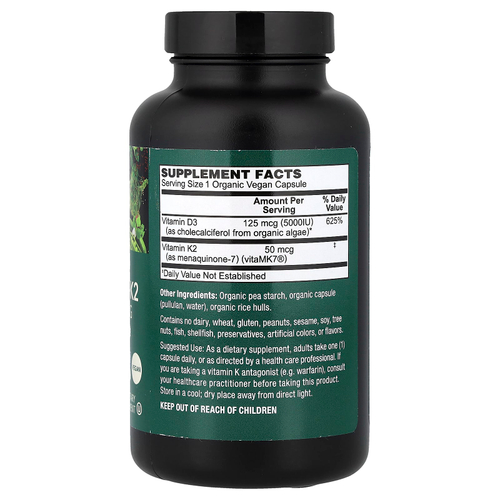 PlantFusion, органические веганские витамины D3 и K2, 120 органических растительных капсул