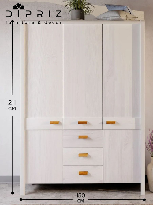 Шкаф деревянный 3 двери 3 ящика Мадейра 150х60х211 см из массива сосны