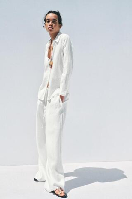 ZARA БРЮКИ ПАЛАЦЦО ИЗ 100% ЛЬНА — ZW COLLECTION, БЕЛЫЙ