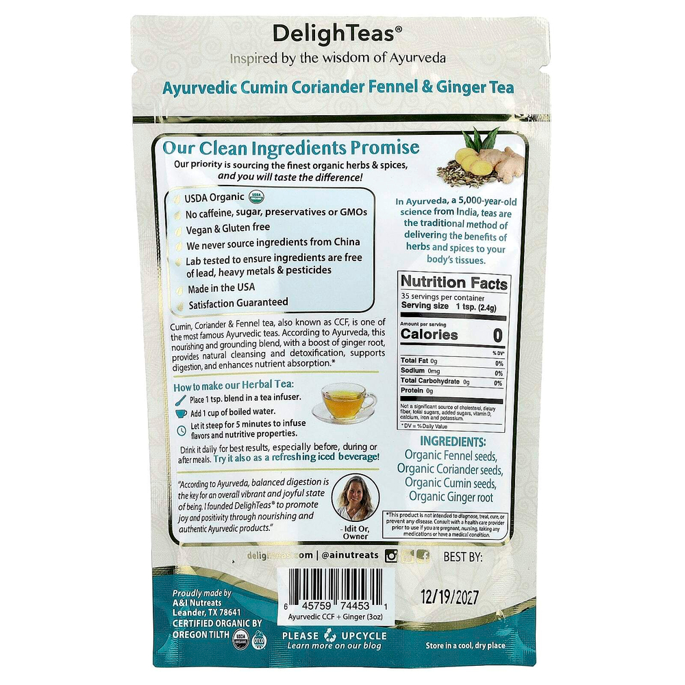 DelighTeas, Аюрведический чай с имбирем и травами для детоксикации CCF, рассыпчатая смесь, без кофеина, 85 г (3 унции)