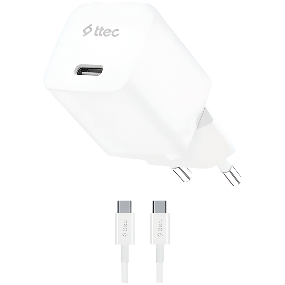 ttec SmartCharger GAN 30W PD Travel Fast Charger + USB-C - USB-C 60W Cable, White