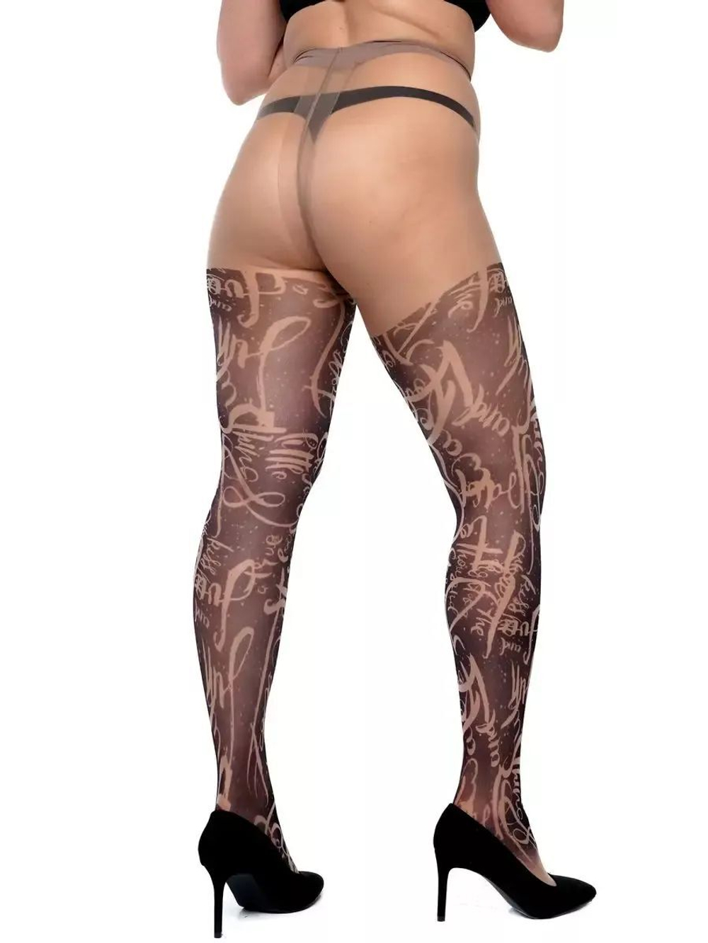 Колготки +size с принтом-имитацией чулок (Размер: XL-XXL-XXXL) (Цвет: бежевый)