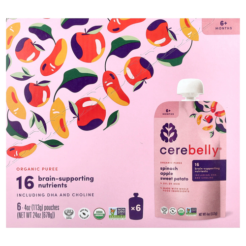 Cerebelly, органическое пюре, для детей от 6 месяцев, шпинат, яблоко, батат, 6 пакетиков по 113 г (4 унции)