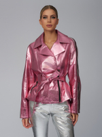 Женская розовая кожаная куртка с эффектом металлик