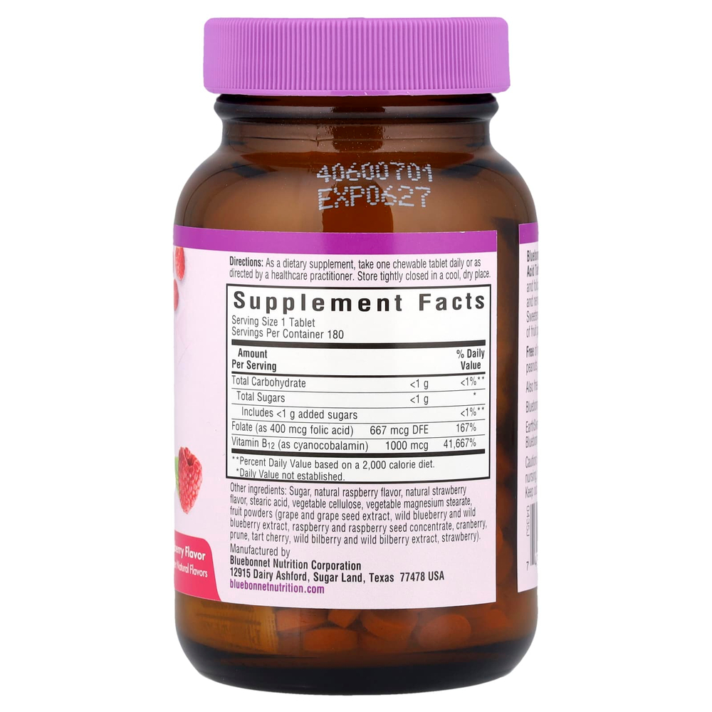 Bluebonnet Nutrition, EarthSweet, витамин B-12 и фолиевая кислота, натуральный малиновый ароматизатор, 180 жевательных таблеток