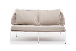 "Милан" диван 2-местный плетеный из роупа, каркас алюминий белый муар, роуп бежевый круглый, ткань бежевая 035