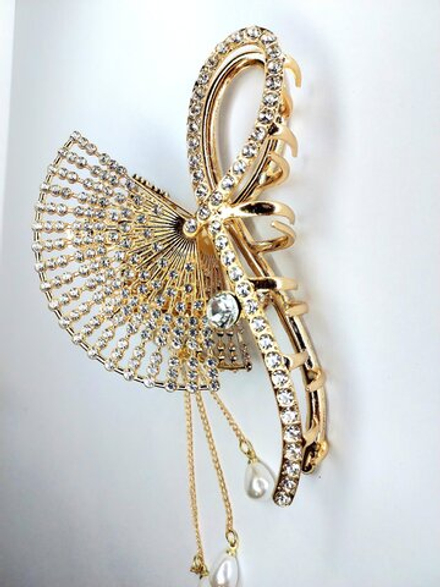 Заколка -краб  для волос "Веер" инкрустированный стразами. Металл Усиленная. Цвет золото