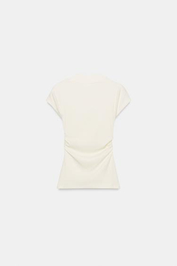 ZARA ФУТБОЛКА ИЗ СМЕСОВОГО ЛЬНА СО СБОРКАМИ, ЭКРЮ