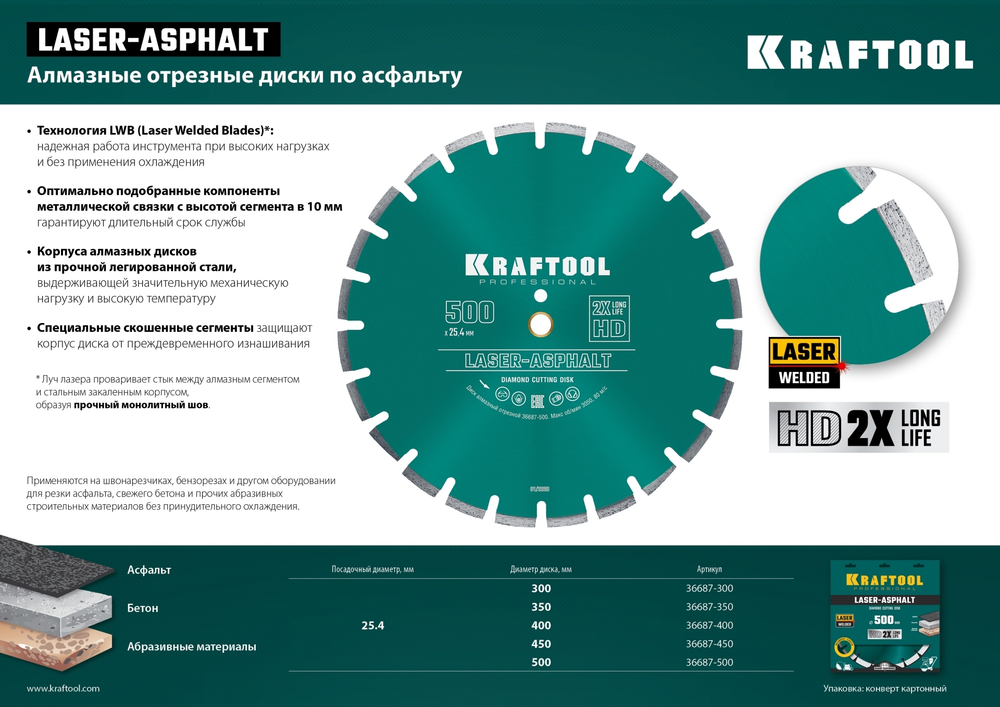 LASER-ASPHALT 500 мм, диск алмазный отрезной по асфальту, KRAFTOOL