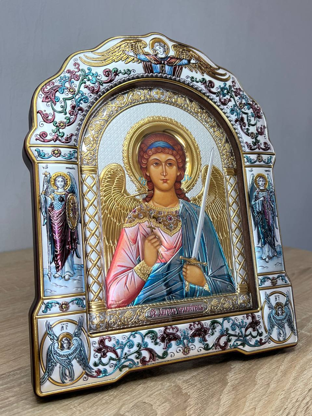 Ангел Хранитель, икона арочная с рамкой под стеклом, белое дерево, эмаль 167х228