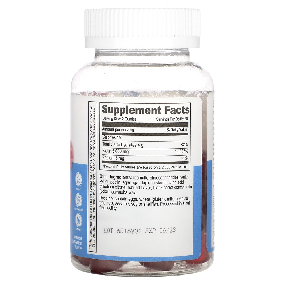 Lifeable, жевательные таблетки с биотином, без сахара, натуральная малина, 60 жевательных таблеток (2500 мкг в 1 жевательной таблетке)