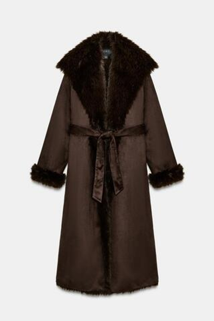 ZARA ПАЛЬТО ИЗ ИСКУССТВЕННОГО МЕХА С ПОЯСОМ — ZW COLLECTION, КОРИЧНЕВЫЙ