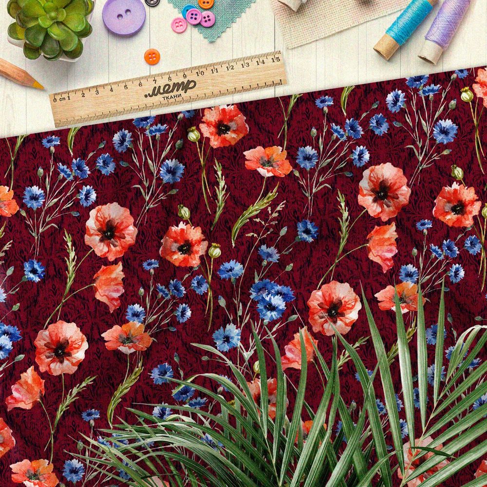 Ткань бифлекс маки и васильки на бордовом фоне