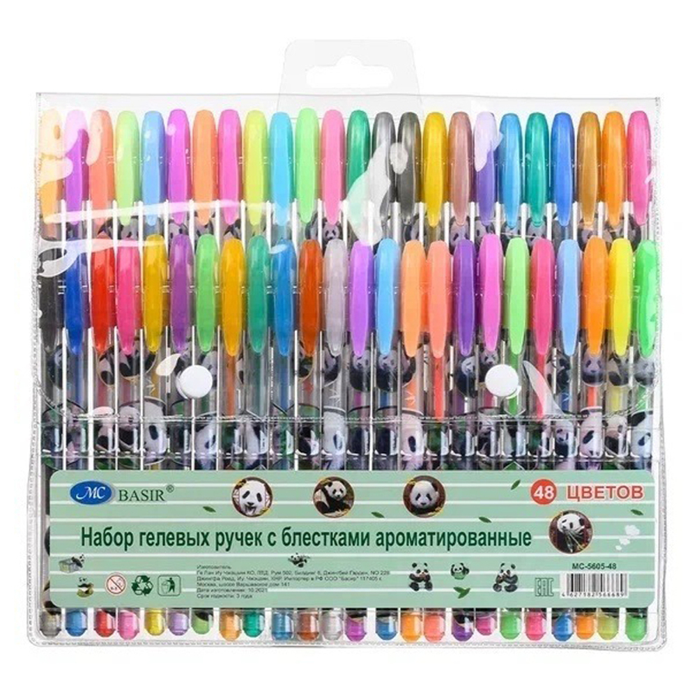 Ручка гелевая, Basir, цветные чернила, серия "Панда", ароматизированная с блёстками, 48 шт