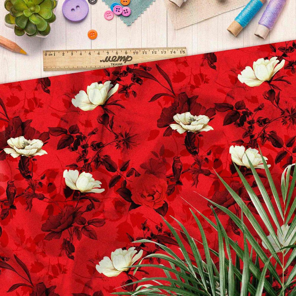Ткань таффета белые цветы и красные розы