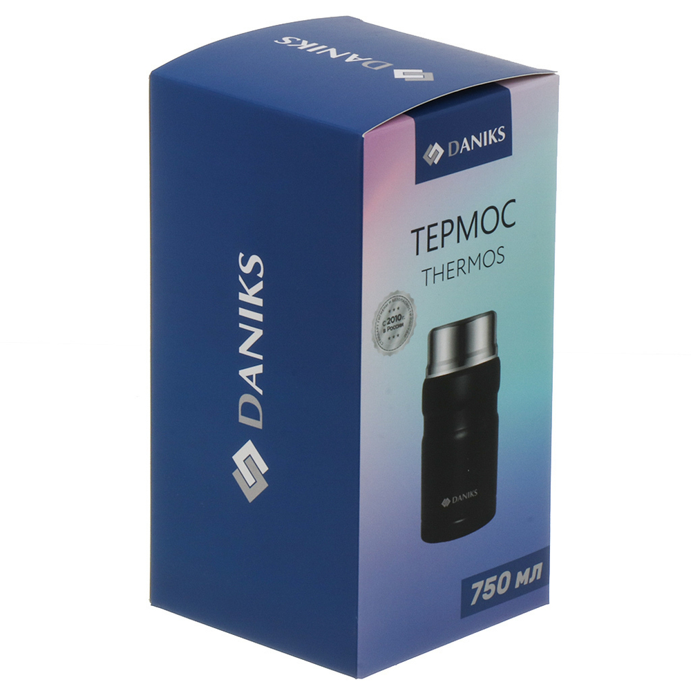 Термос нерж, 0.75 л, шир.горл, Daniks, колба нерж, с ложкой, чер, J-004