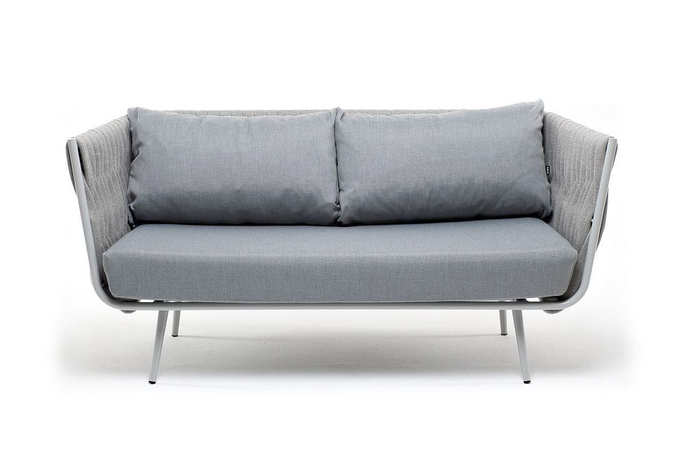 "Монако" диван 2-местный плетеный из роупа, каркас алюминий светло-серый (RAL7035) муар, роуп светло-серый 40 мм, ткань светло-серая