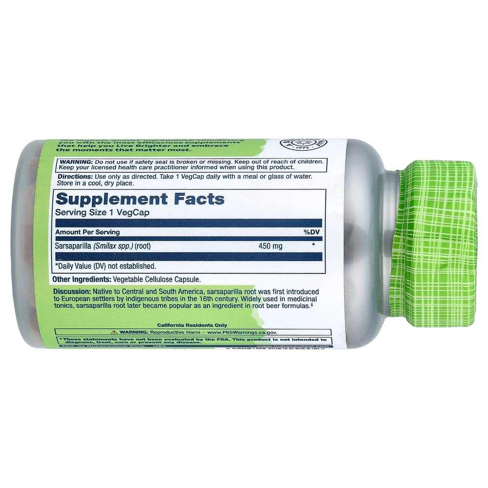 Solaray, True Herbs, сарсапариль, 450 мг, 100 вегетарианских капсул