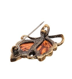 AM-2566 Брошь «Винтажный листик» (латунь, янтарь)