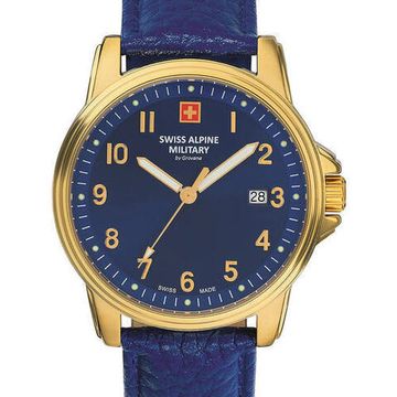 С ремешком Мужские наручные часы с синим кожаным ремешком Swiss Alpine Military 7011.1515 mens 40mm 10ATM