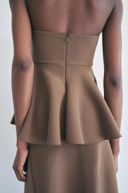 ZARA ТОП ИЗ КРЕПА БЕЗ БРЕТЕЛЕЙ, СЕРОВАТО-КОРИЧНЕВЫЙ