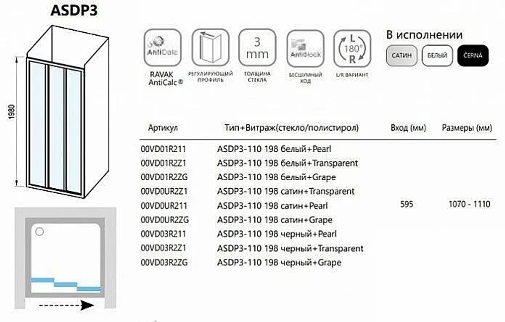 Душевой уголок Ravak Supernova ASDP3+APSS 110х90 профиль сатин/стекло матовое