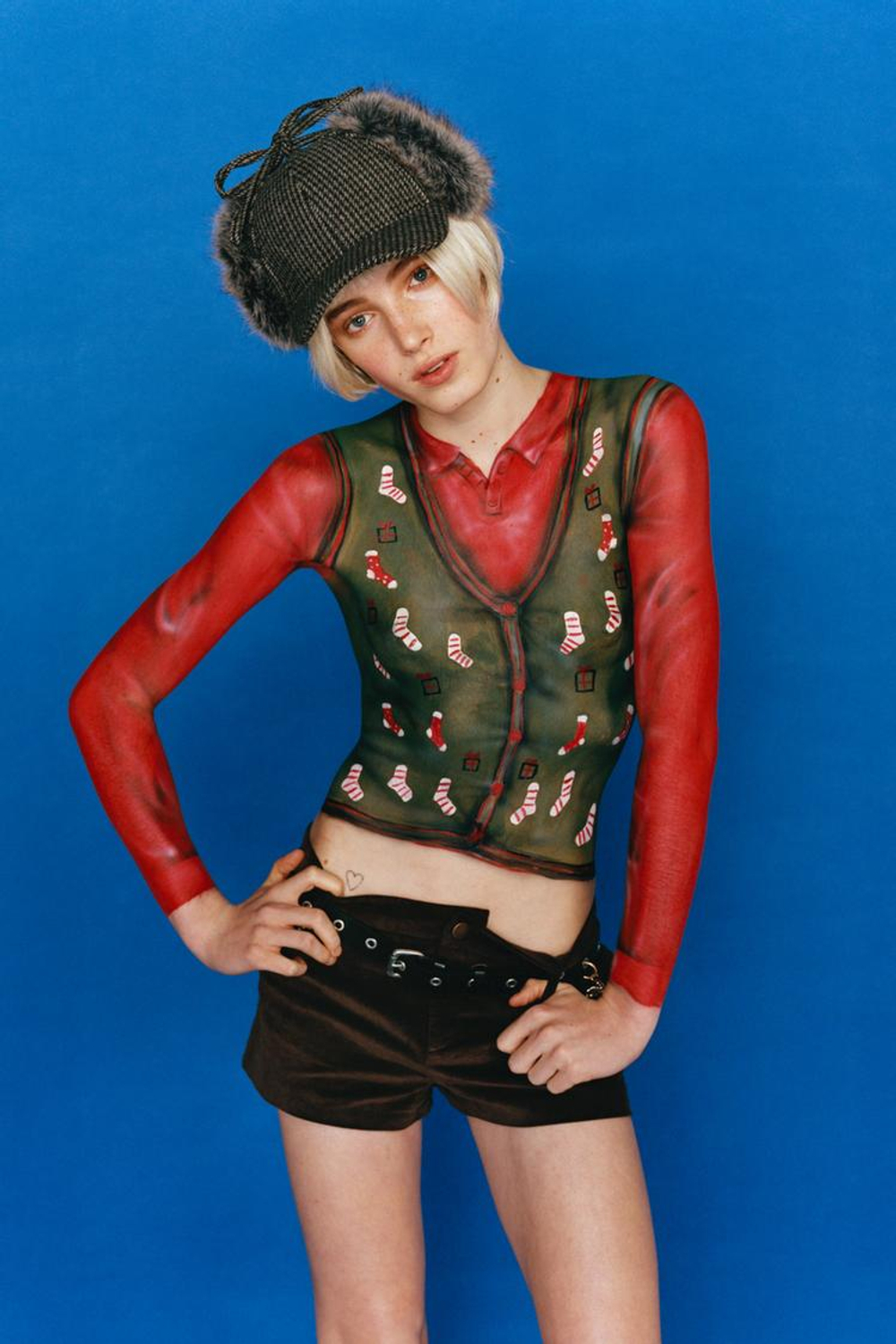 ZARA ТРИКОТАЖНЫЙ ЖИЛЕТ С НОВОГОДНЕЙ ВЫШИВКОЙ, БУТЫЛОЧНО-ЗЕЛЕНЫЙ