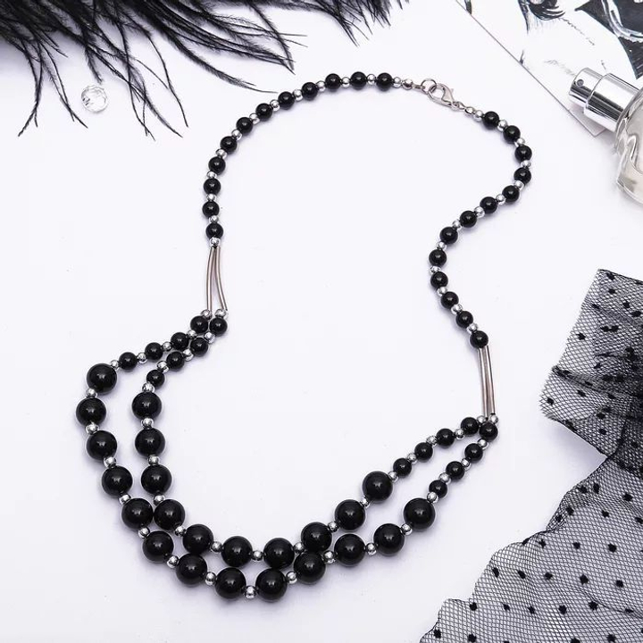 Бусы Агат черный, 2 яруса, шар с металлом, длина 60 см