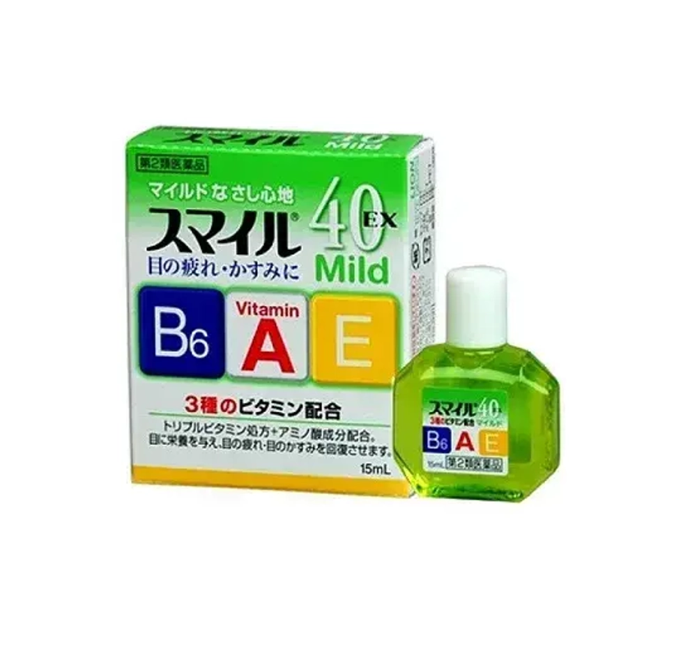 Японские Капли для глаз "3 витамина" Lion 40Ex Mild (зеленые) с витаминами, Япония, Мало ментола